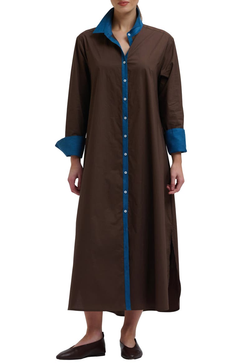 Denim Trimmed Cotton Shirtdress, Main, color, CHOCOLATE