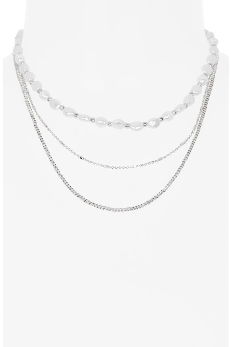Faux Pearl Layered Chain Necklace, Alternate, color, WHITE- SILVER