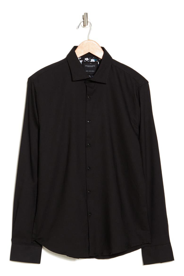 Black Solid Stretch Button-Up Shirt, Alternate, color, BLACK/ FLORAL INSERT
