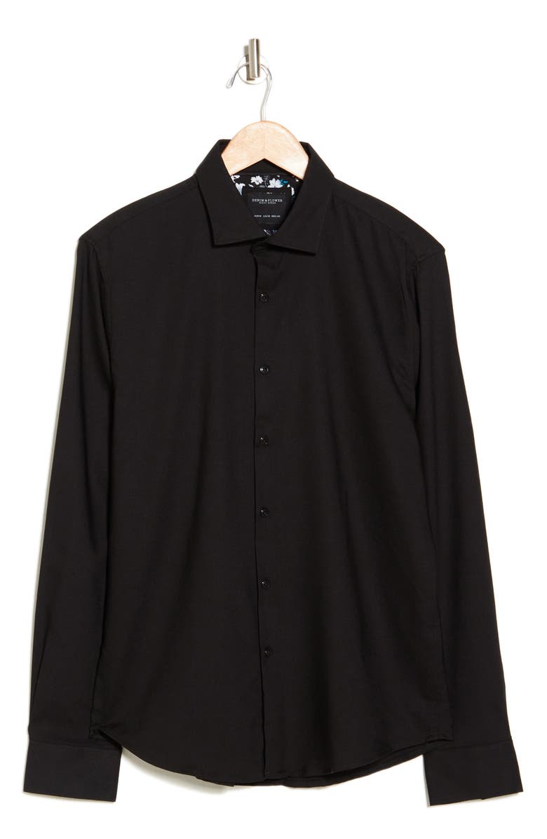 DENIM AND FLOWER Black Solid Stretch Button-Up Shirt, Alternate, color, Black/ Floral Insert