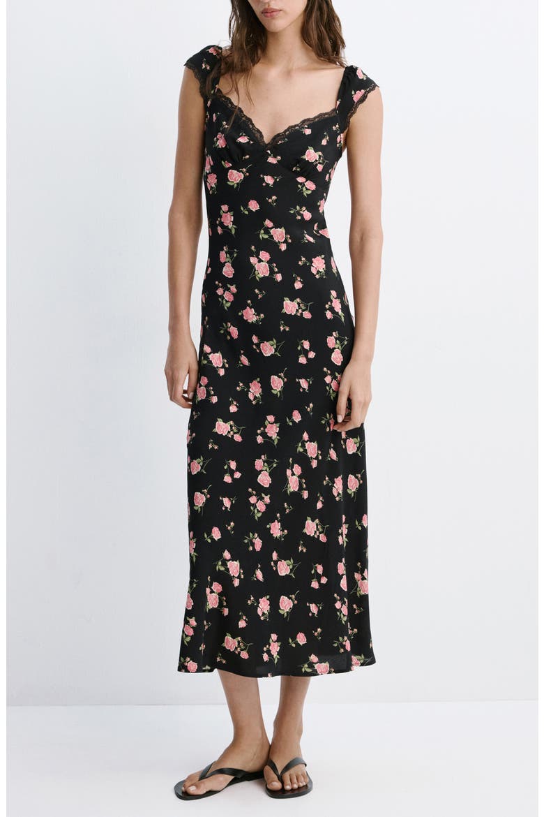 Floral Lace Trim Midi Dress, Main, color, BLACK