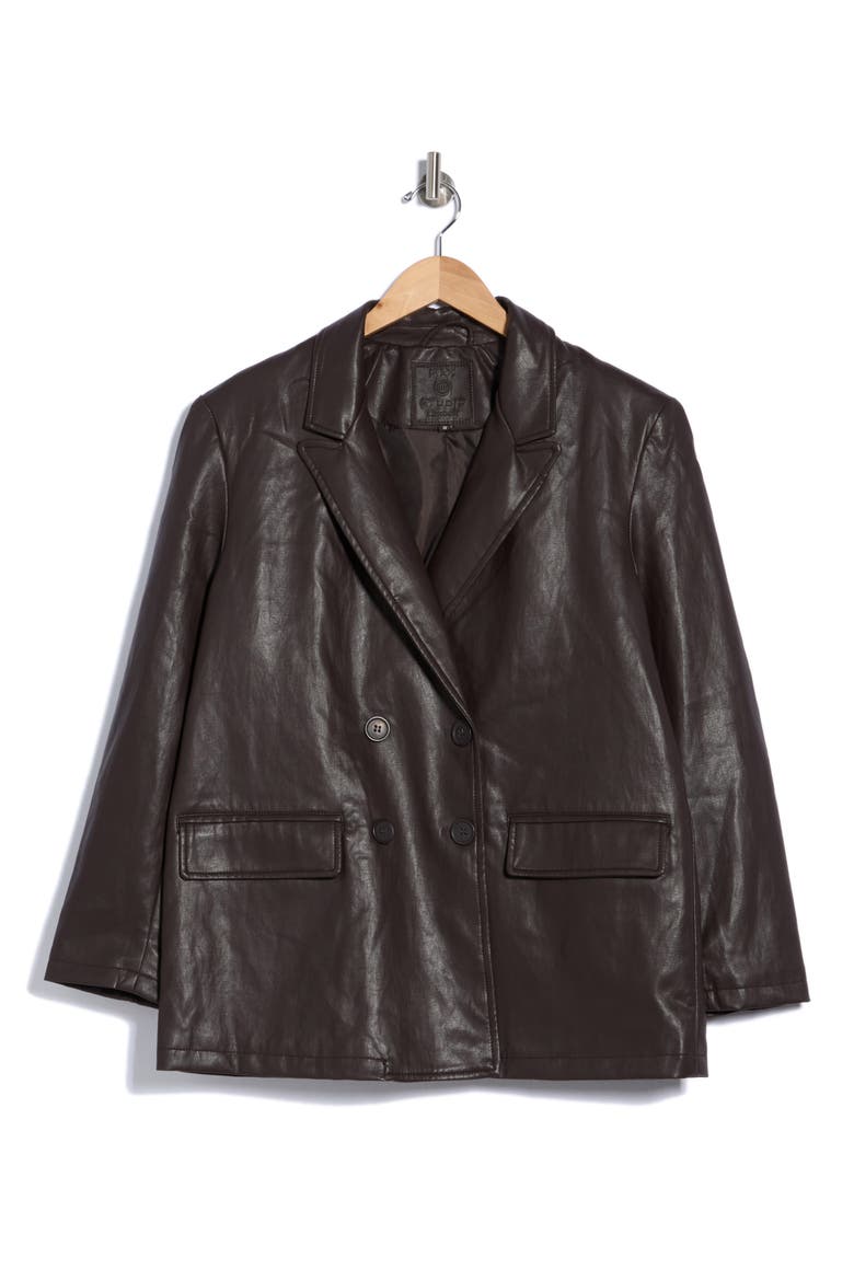 Double Breasted Faux Leather Blazer, Main, color, DK BROWN