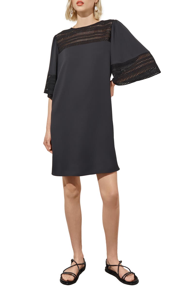 Ming Wang Embroidered Detail Bell Sleeve Dress, Main, color, Black