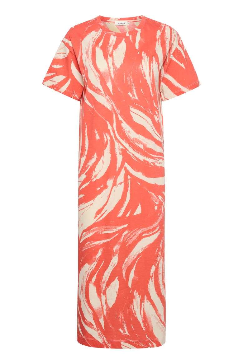 Eva Short Sleeve Crew Neck Midi Dress, Alternate, color, Hot Coral Wave