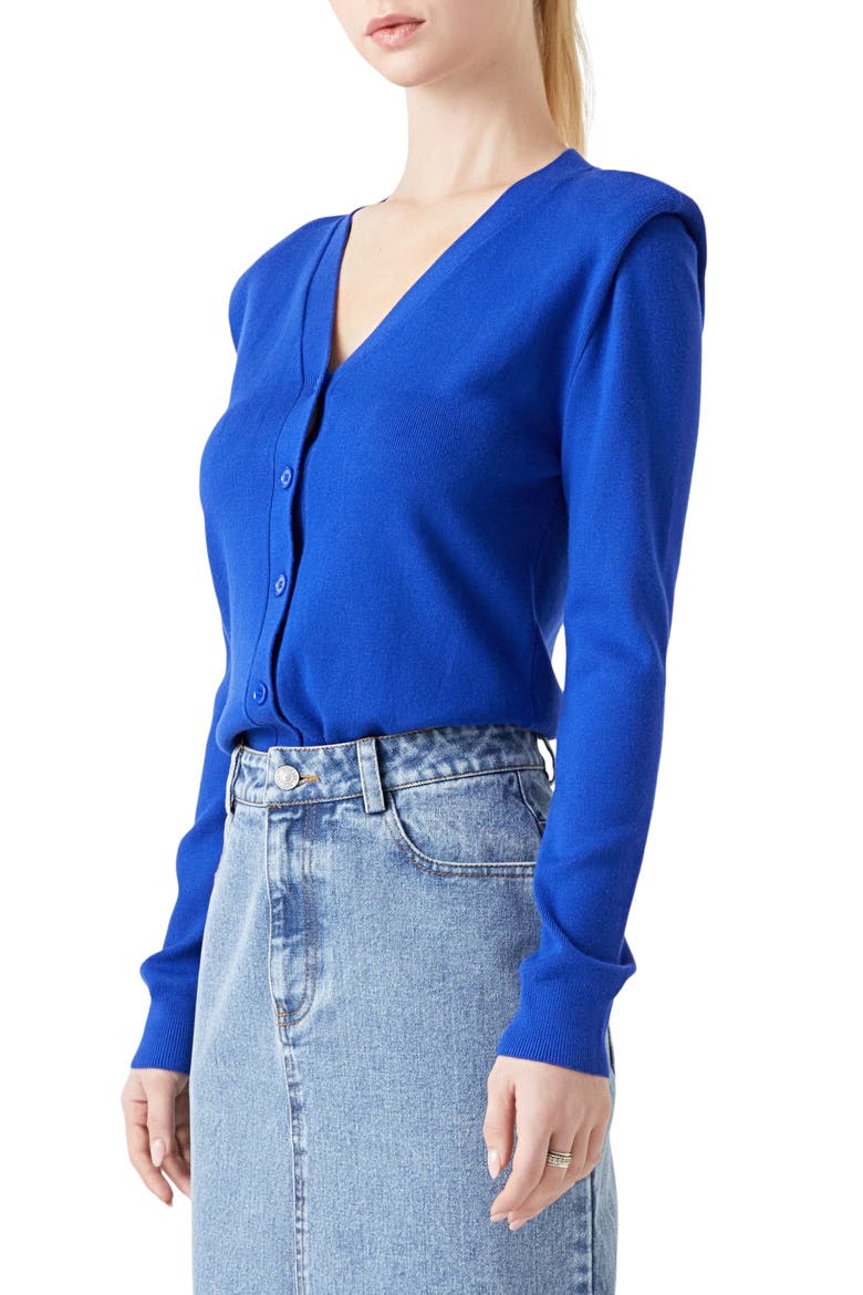 Padded Shoulder V-Neck Cardigan, Alternate, color, ROYAL BLUE