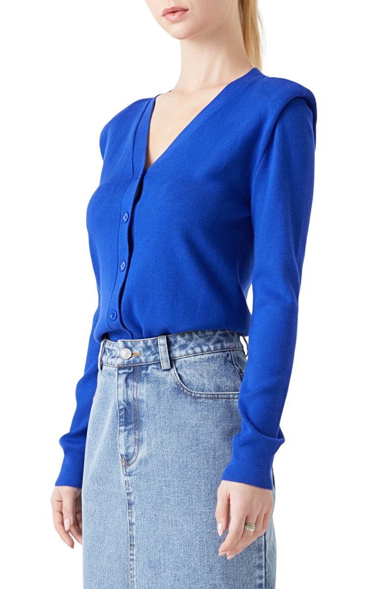 Grey Lab Padded Shoulder V-Neck Cardigan, Alternate, color, Royal Blue