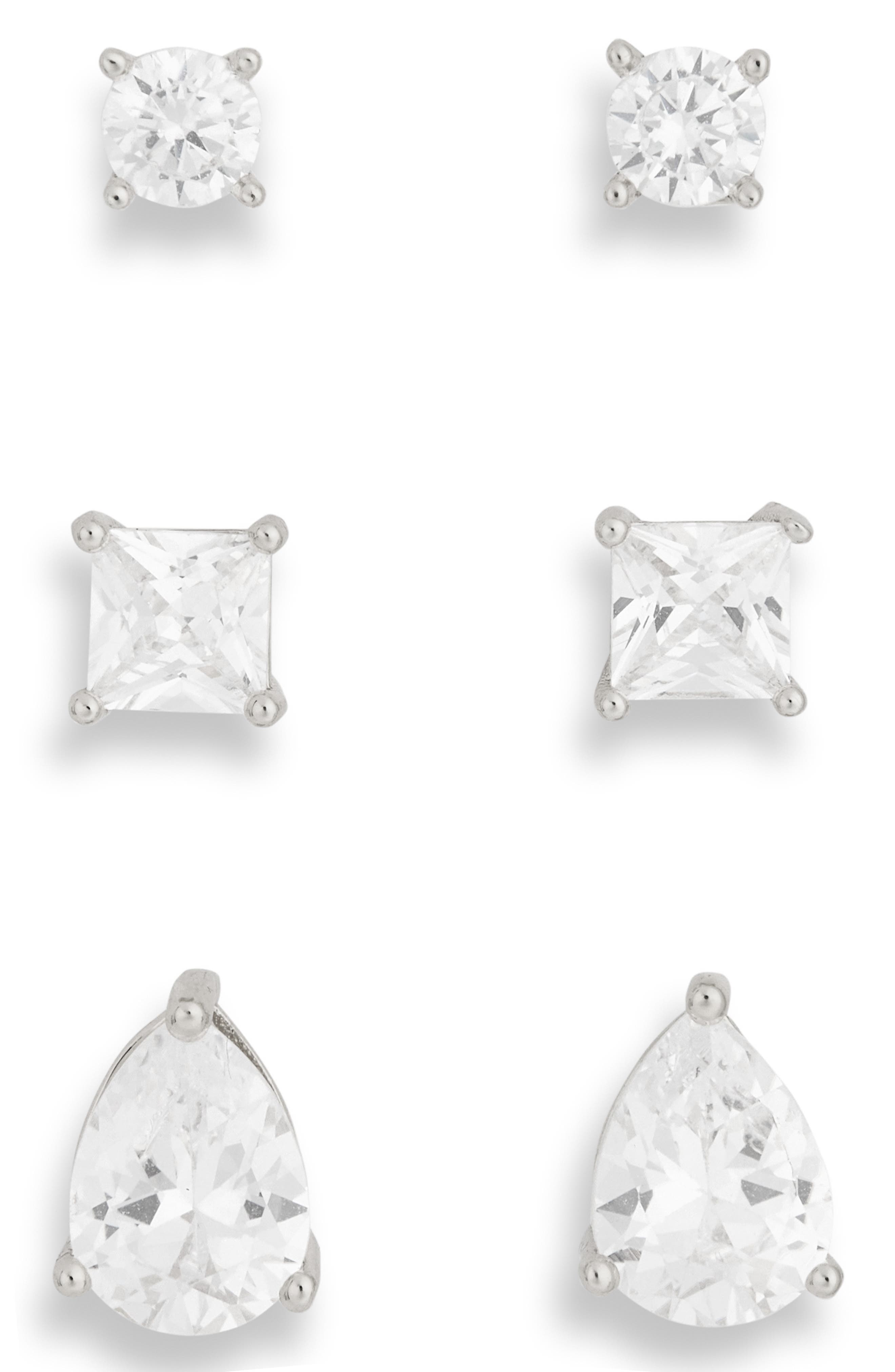 Set of 3 Mixed Cut Cubic Zirconia Stud Earrings