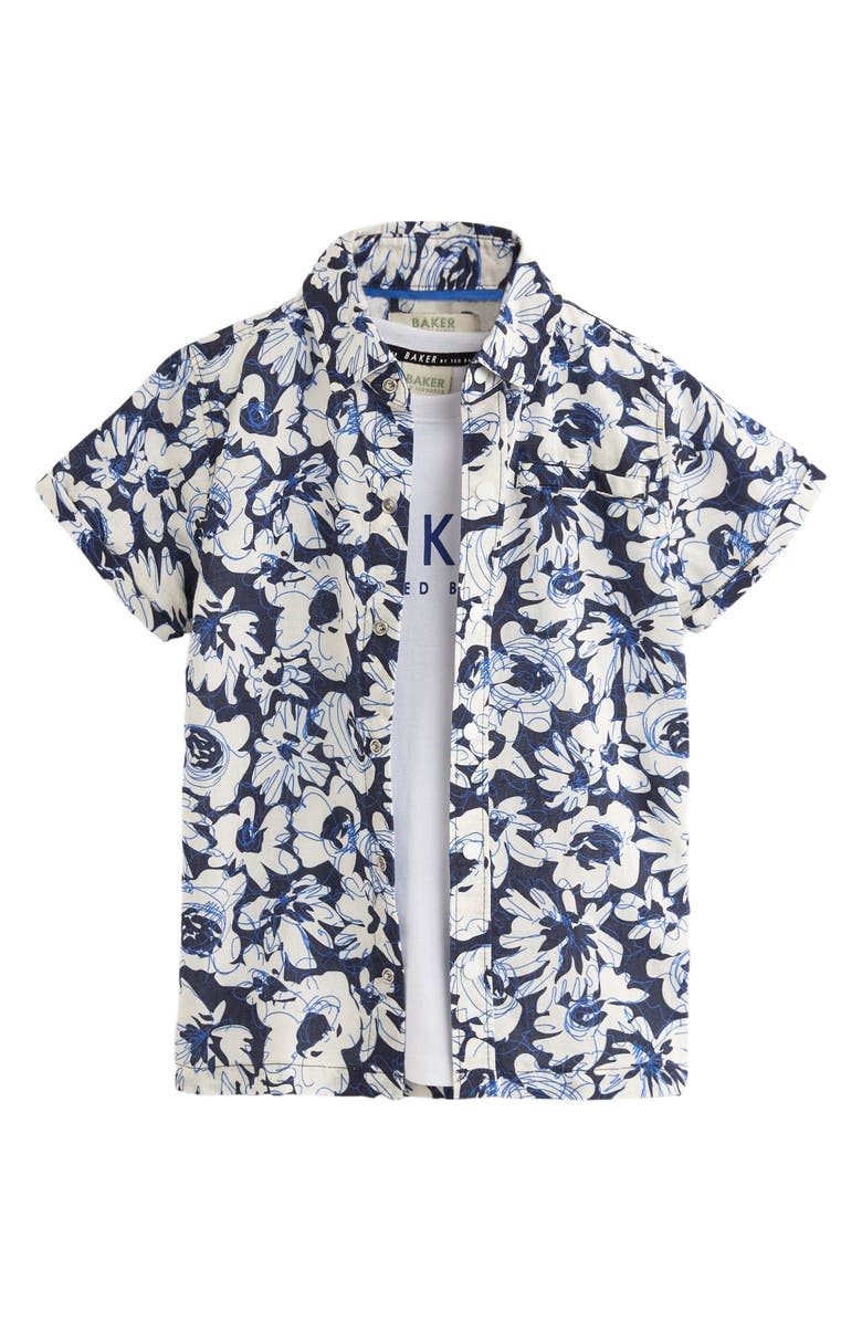 Baker by Ted Baker Kids' Graphic T-Shirt & Floral Short Sleeve Snap-Up Overshirt Set, Alternate, color,