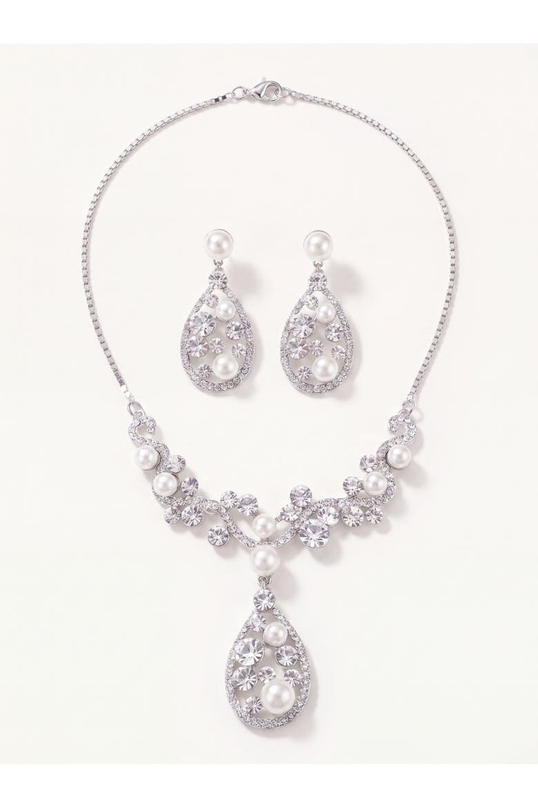 Pearl and Crystal Teardrop Necklace and Earrings Set, Main, color, Silver
