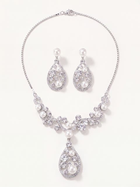 Pearl and Crystal Teardrop Necklace and Earrings Set