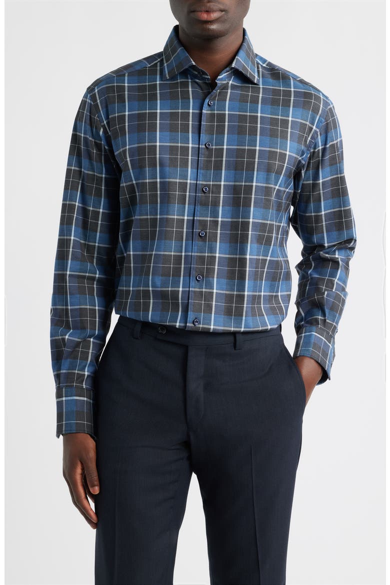 Modern Fit Plaid Non-Iron Cotton Twill Dress Shirt, Main, color, DARK BLUE