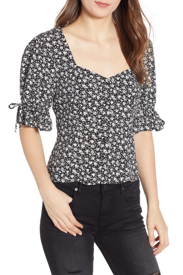 Floral Print Top, Main, color, BLACK/ WHITE FLORAL
