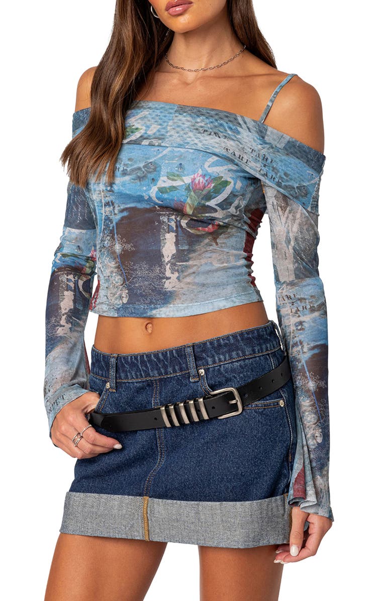 EDIKTED Love Letter Off the Shoulder Mesh Crop Top, Alternate, color, 