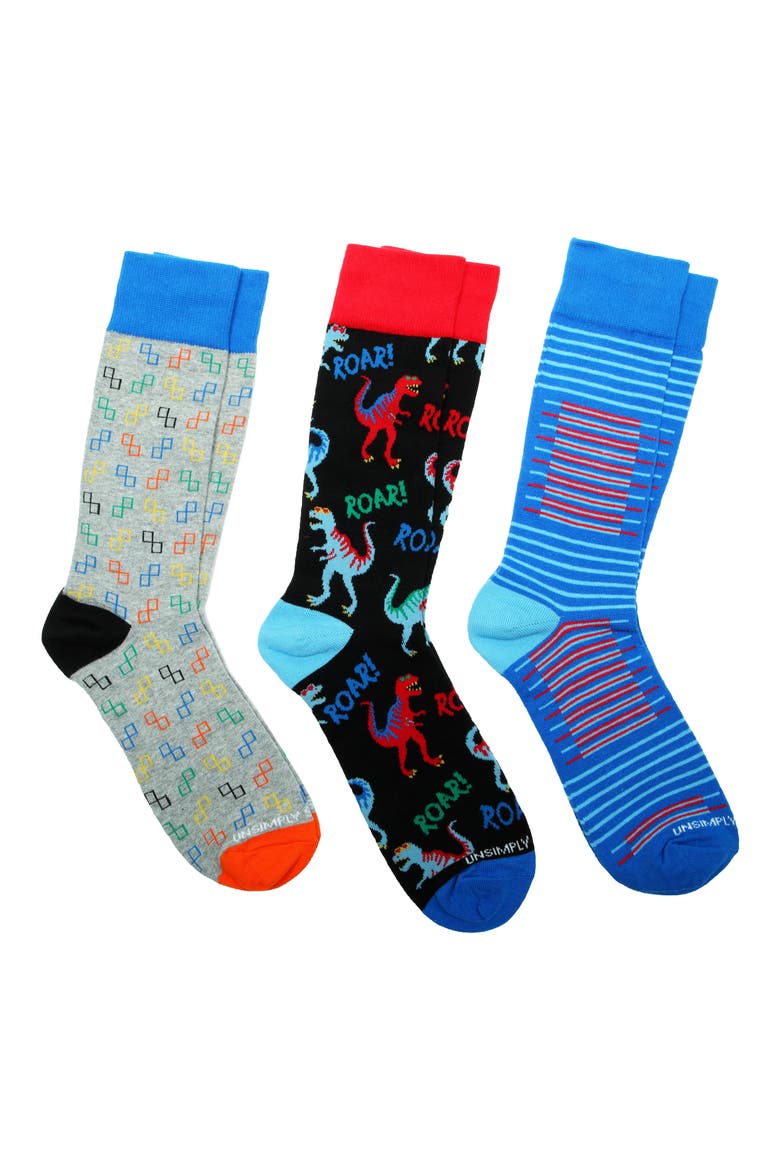 3-Pack Assorted Graphic Crew Socks, Main, color, BLUE MULTI