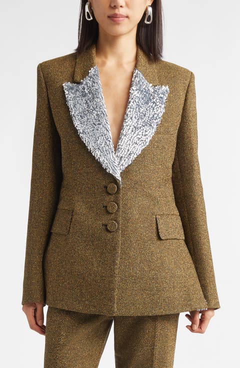 Beaded Lapel Wool Blend Blazer