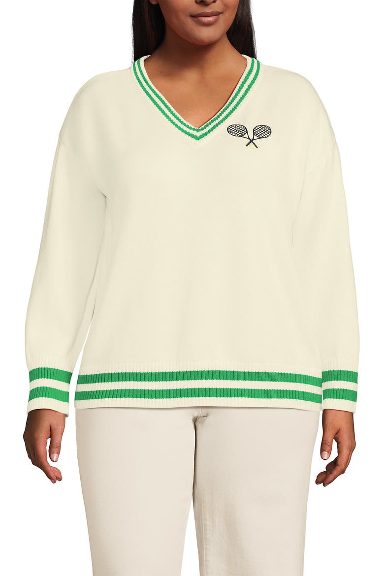 Plus Size Drifter Varsity Vneck Sweater with Crest, Main, color, Fresh Ivory/Clover Tip