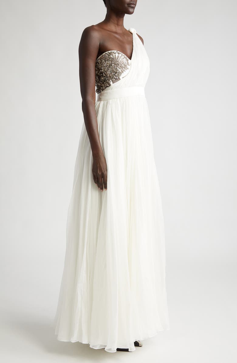 McQueen Crystal Embellished One-Shoulder Silk Chiffon Gown, Alternate, color, 