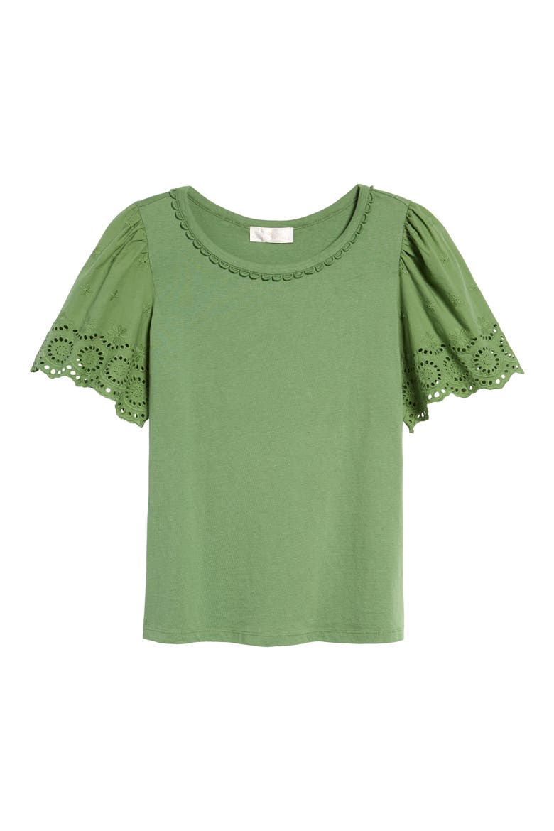 Eyelet Flutter Sleeve T-Shirt, Main, color, GREEN DILL