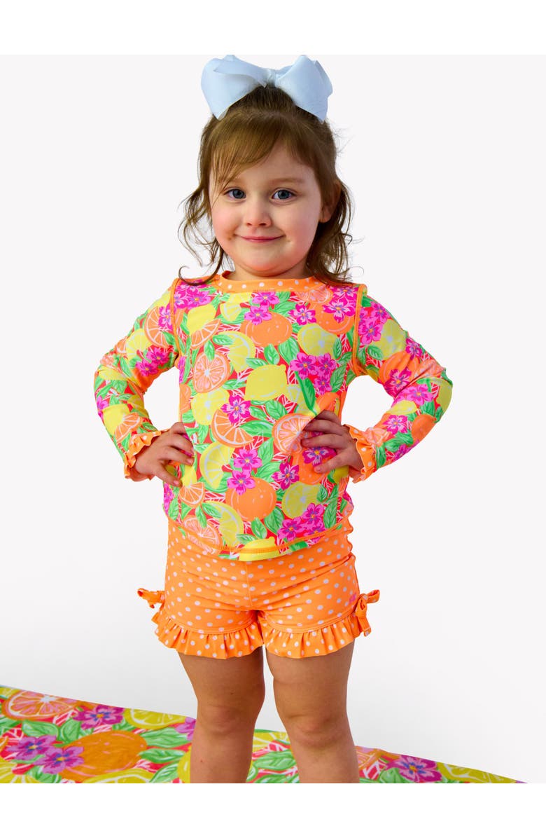 RuffleButts UPF50+ Seersucker Long Sleeve Rash Guard Ruffle Shorts 2-Piece Swimsuit, Alternate, color, Neon Squeeze The Day