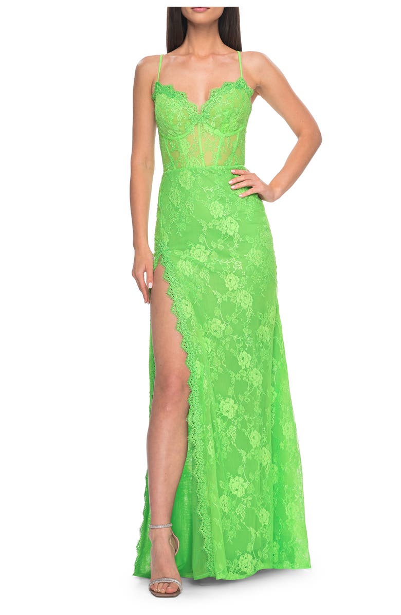 La Femme Scallop Detail Lace Fitted Prom Dress with Illusion Bodice, Main, color, Bright Green