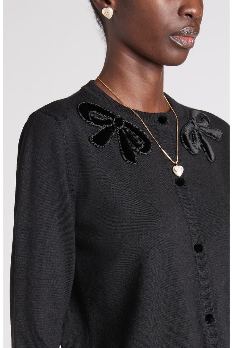Embroidered Bow Appliqué Virgin Wool Cardigan, Alternate, color, BLACK