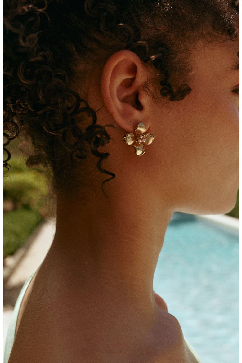 Iris Blossom Stud Earrings, Alternate, color, Gold & White