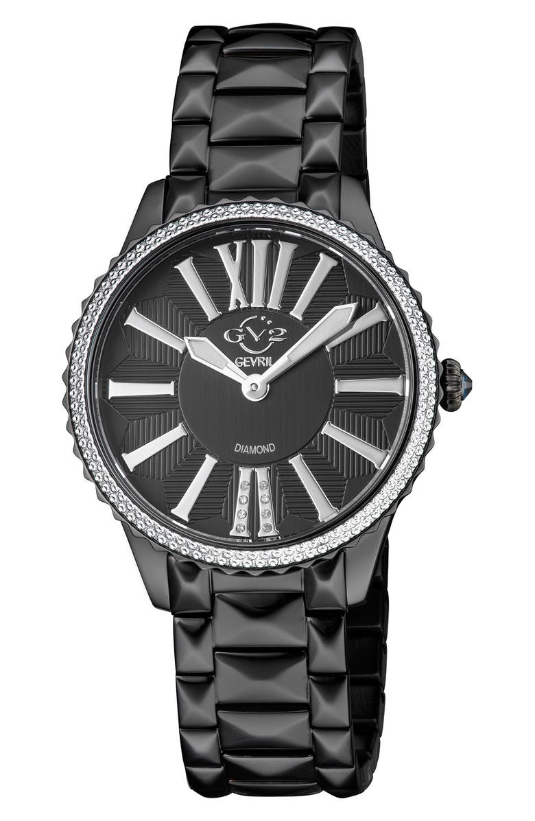 GV2 Siena Genuine Diamond Stainless Steel Bracelet Watch, 37mm - 0.038 ctw, Main, color, Black