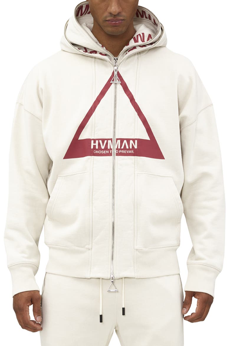 Double Hood Triangle Logo Zip Hoodie, Main, color, CREAM