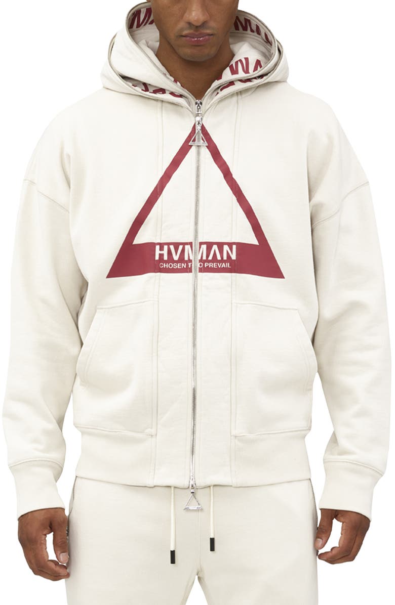 HVMAN Double Hood Triangle Logo Zip Hoodie, Main, color, Cream
