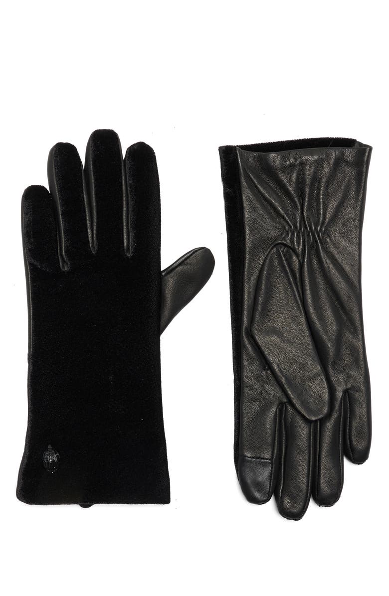 Kurt Geiger London Velvet & Leather Gloves, Main, color, Black