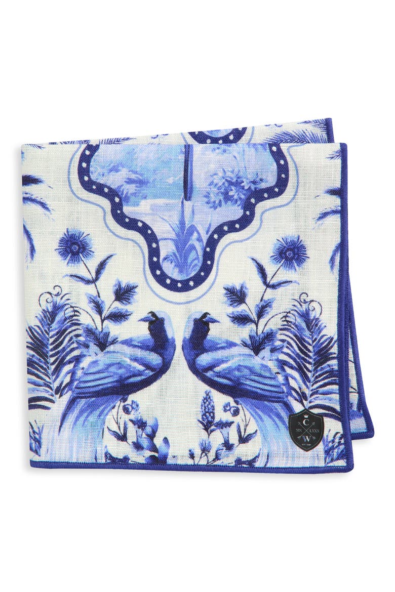 Blue & White Palms Linen Pocket Square, Main, color, BLUE