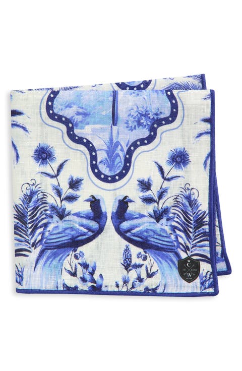 Blue & White Palms Linen Pocket Square