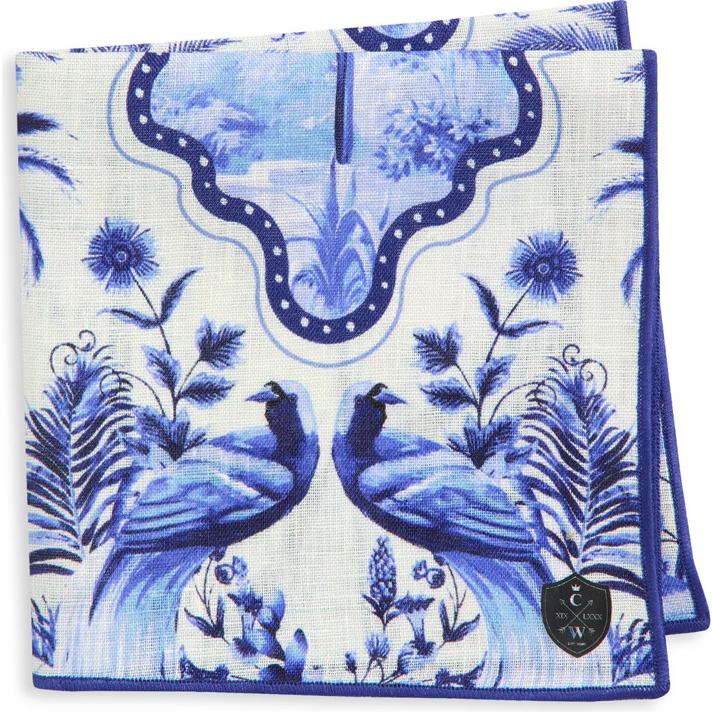 CLIFTON WILSON Blue & White Palms Linen Pocket Square  product