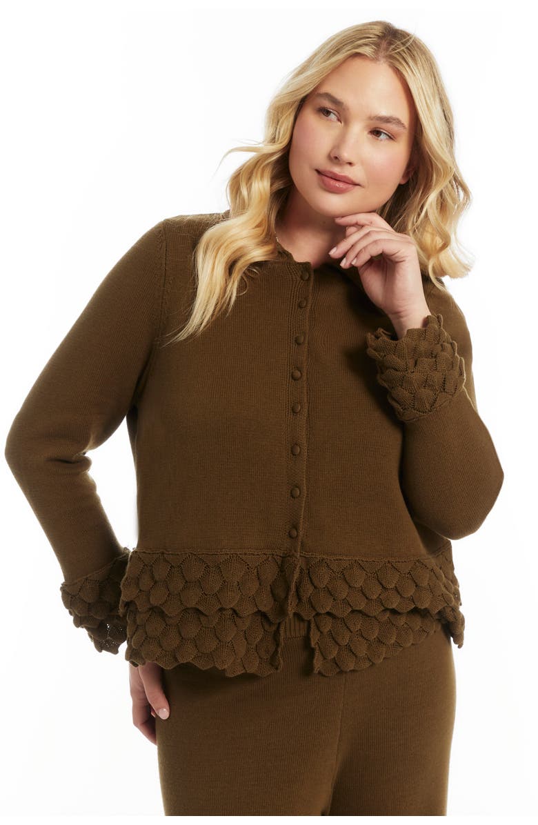 June + Vie Ruffled Peplum Cardigan Sweater, Alternate, color, Dark Olive