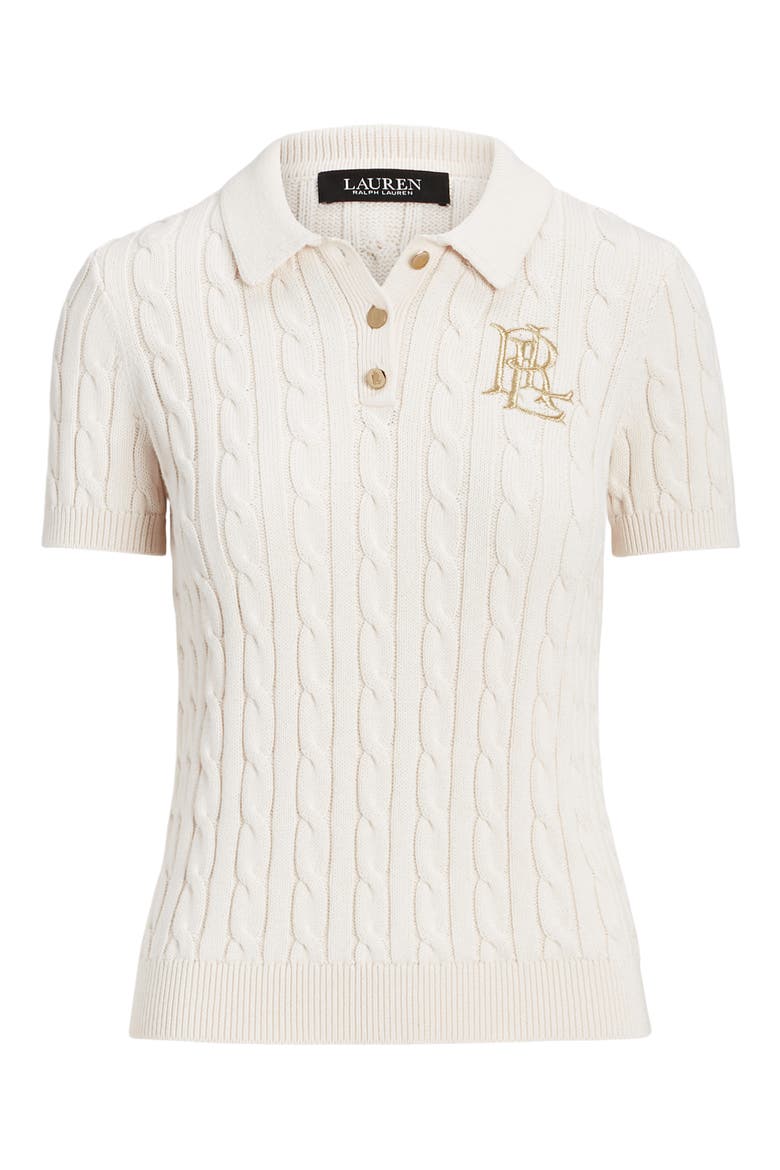 Cable Knit Cotton Polo Sweater, Alternate, color, WINTER CRM