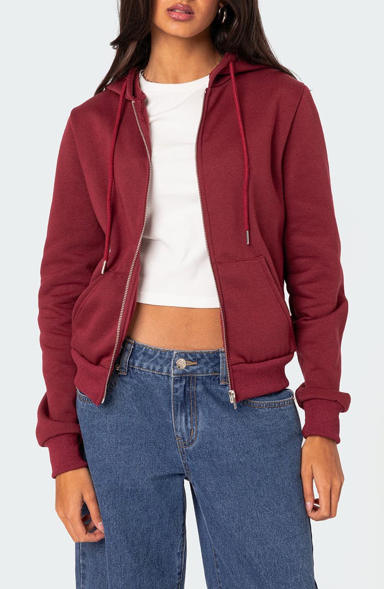 EDIKTED Avery Zip Hoodie, Main, color, Burgundy
