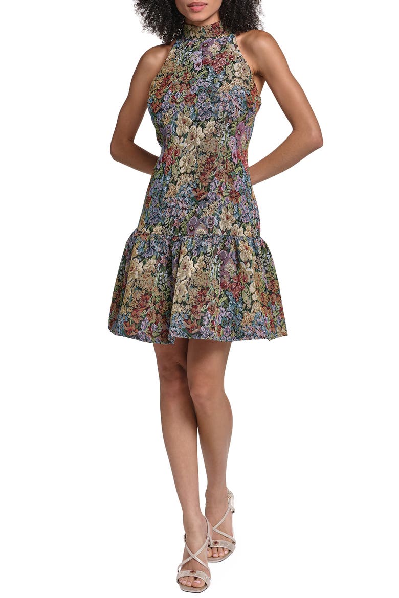 Floral Jacquard Drop Waist Minidress, Main, color, VIENNA BLUE MULTI