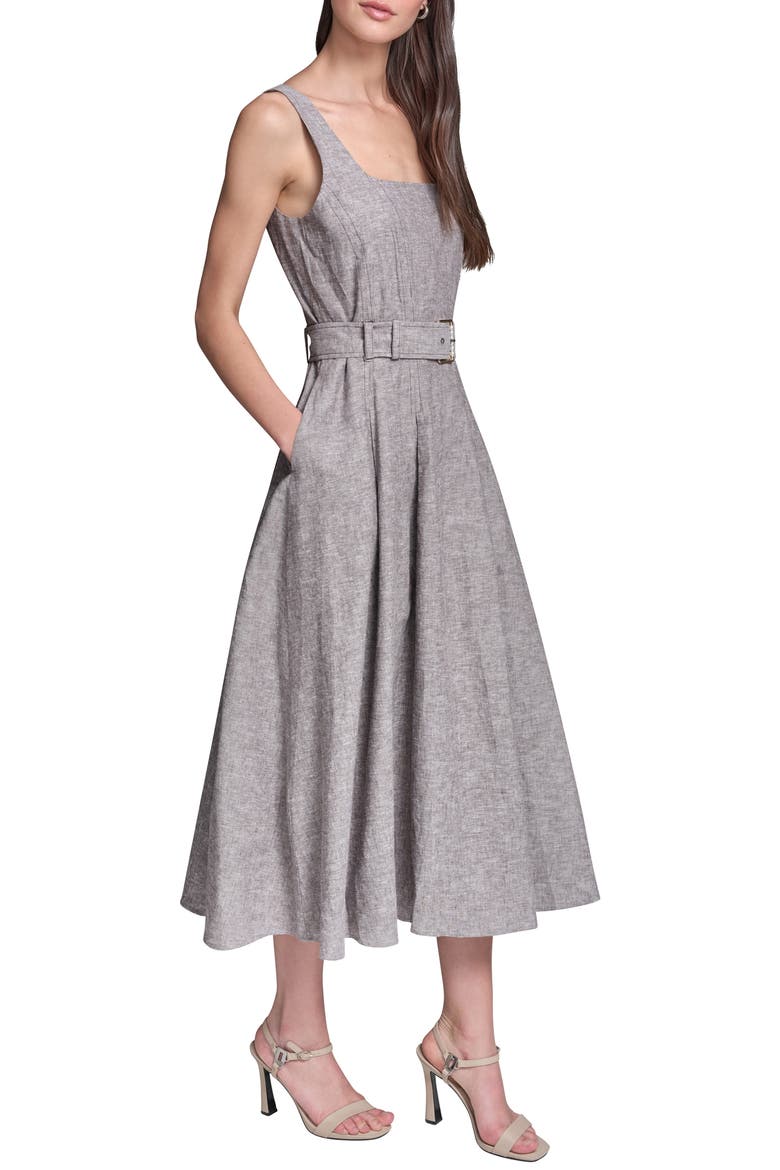 belted linen blend midi dress Linen Blend Belted Midi Dress