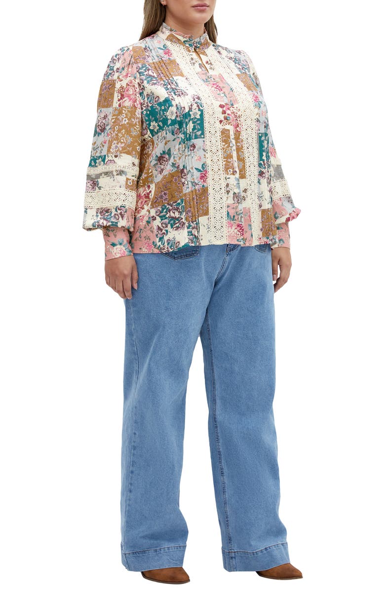 City Chic Floral Print Lace Shirt, Alternate, color, Whimsical
