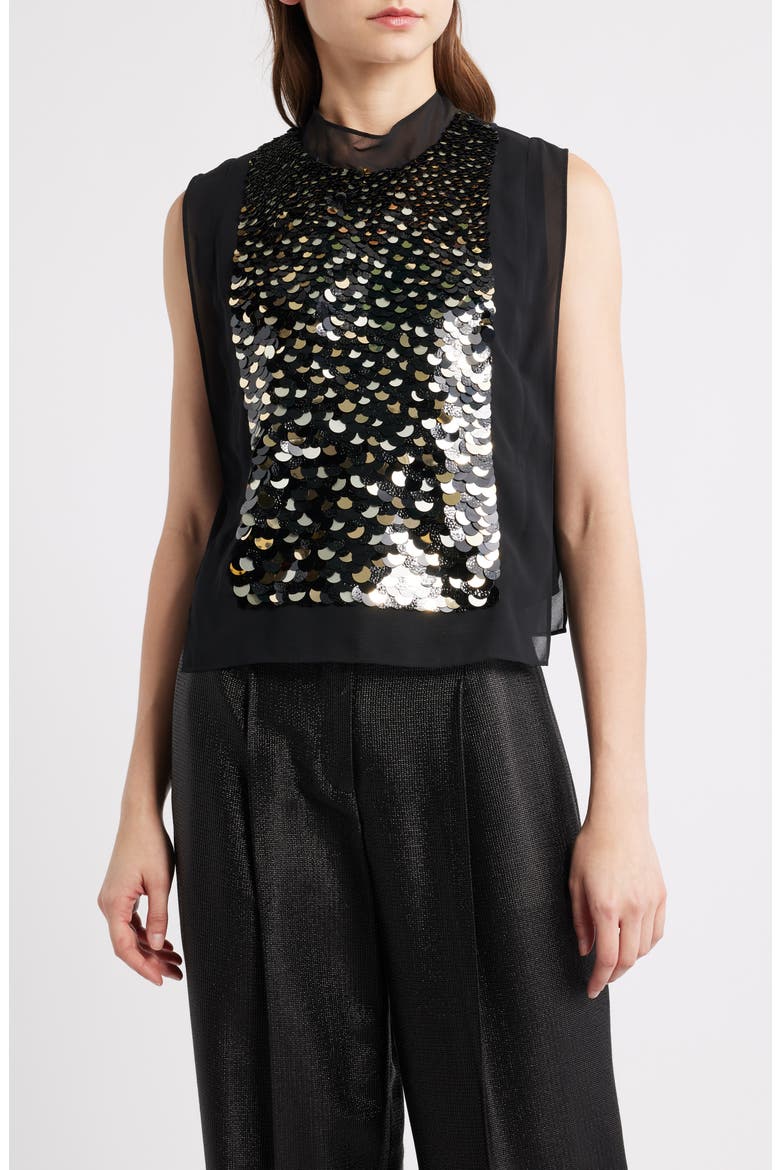 Baliette Sequin Sleeveless Chiffon Top, Main, color, BLACK
