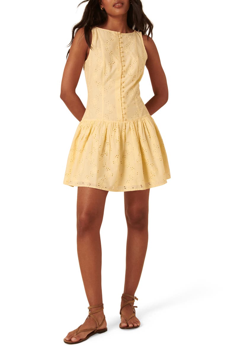 Nobody's Child Claudia Drop Waist Organic Cotton Broderie Anglaise Minidress, Main, color, Yellow