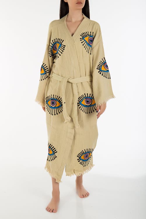 Forever & Always Shoes Aria Evil Eye Handmade Cotton Kimono In Beige