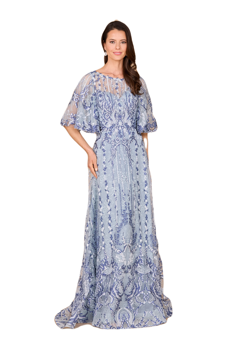 Embroidered, Cape Sleeve A-line Gown, Main, color, Blue
