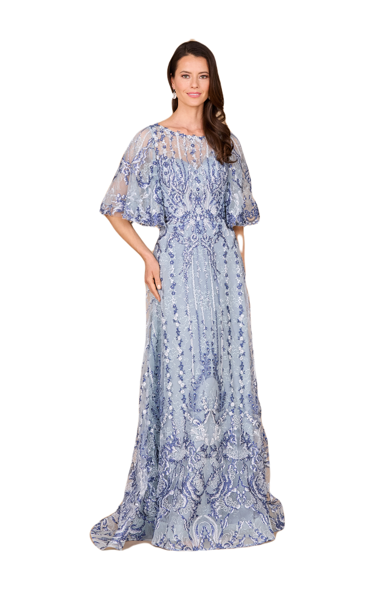 LARA New York Embroidered, Cape Sleeve A-line Gown, Main, color, Blue