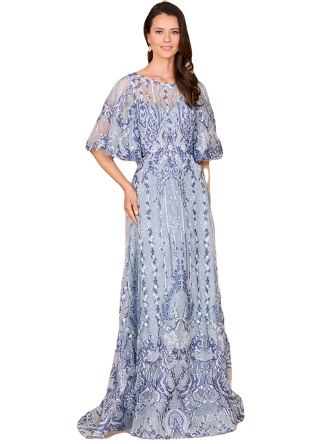 Embroidered, Cape Sleeve A-line Gown