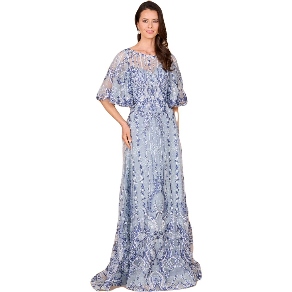 Lara New York Embroidered, Cape Sleeve A-line Gown In Blue