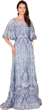 LARA New York Embroidered, Cape Sleeve A-line Gown