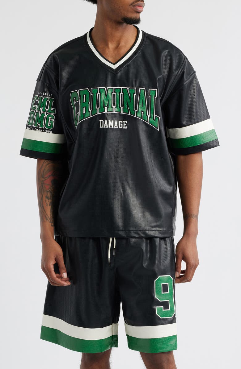 CRIMINAL DAMAGE Stadium Faux Leather Jersey, Main, color, Black/Green/White