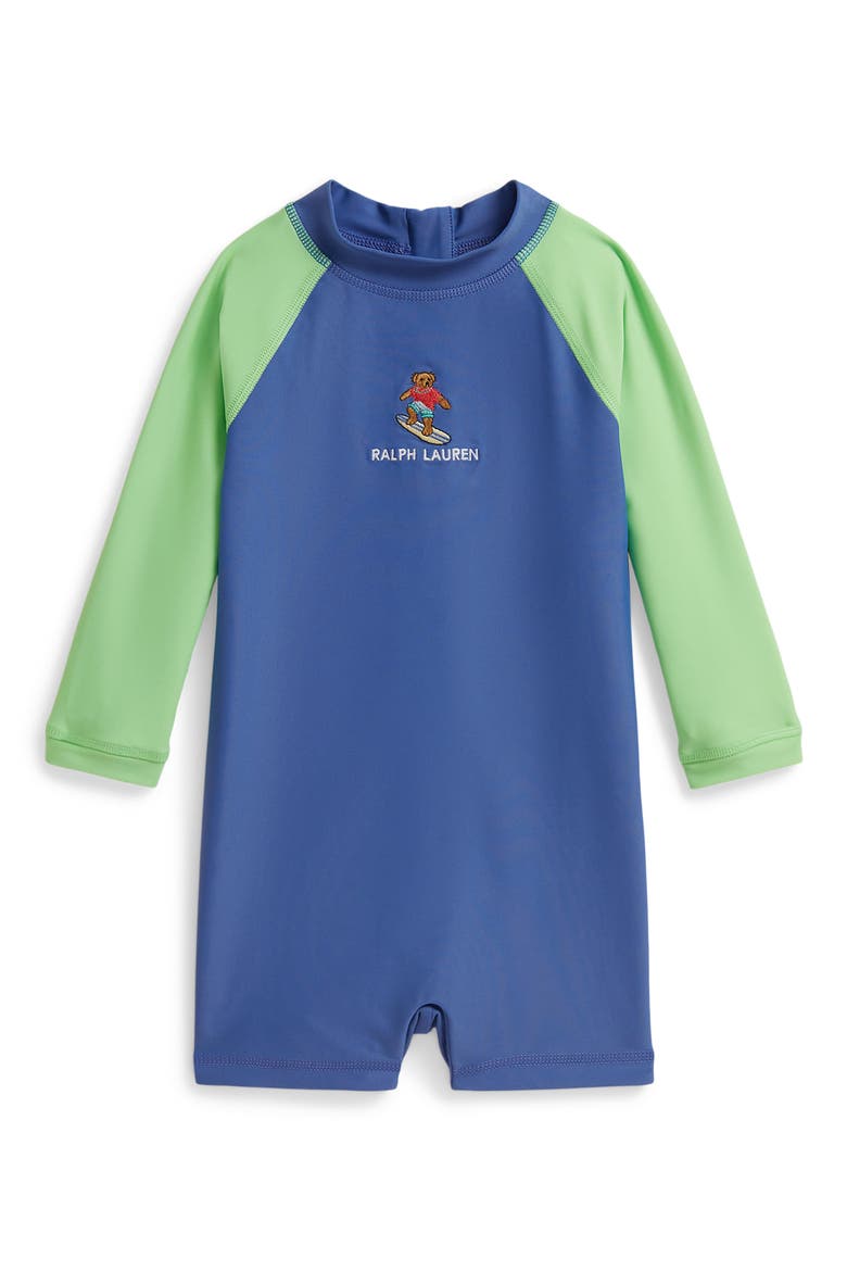 Embroidered Colorblock Long Sleeve One-Piece Rashguard Swimsuit, Main, color, BAI BLUE/ LIME