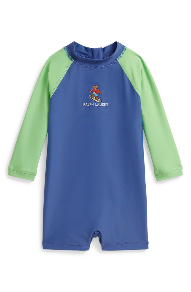 Ralph Lauren Embroidered Colorblock Long Sleeve One-Piece Rashguard Swimsuit, Main, color, Bai Blue/ Lime